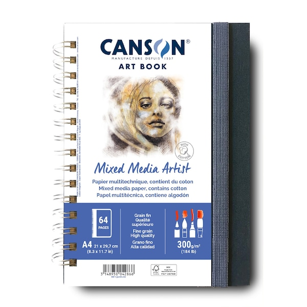 Canson Artist Series Mixed Media Art Book, Fabric Cover, Side Wire Binding, 56 Sheet, 8.3x11.7 inch C31200L007 - main