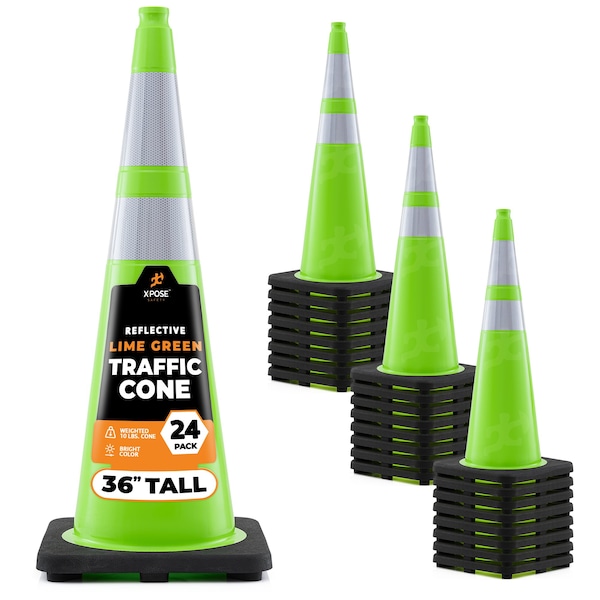 Xpose Safety Traffic Safety Cone, 36 in, Premium PVC, Dual 6 in & 4 in Reflective Collar, Lime Green, 24 pk LTC36-64-24-X - main