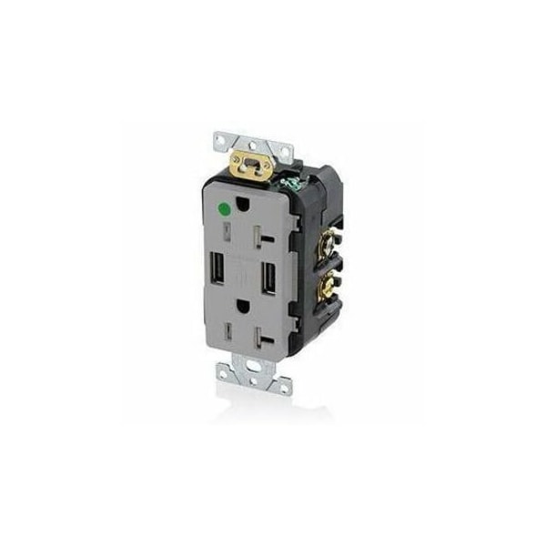 Leviton USB Charger/Duplex Tamper-Resistant Receptacle, Hospital Grade, 3.6/20 Amp, 125 Volt, Gray T5832-HGG - main