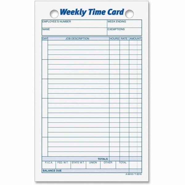 Tops Business Forms TOPS, Employee Time Card, Weekly, 4 1/4 X 6 3/4, 100PK 3016 - main