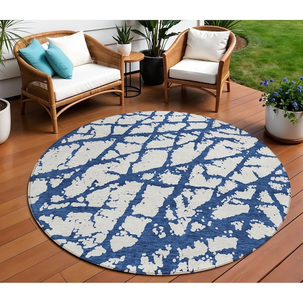 Homeroots 8' Navy Blue And Ivory Round Abstract Washable Indoor Outdoor Area Rug 614373 - main
