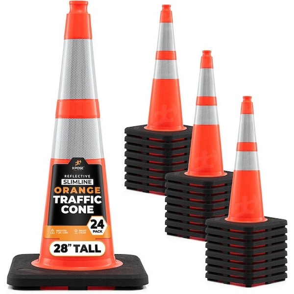 Xpose Safety Slim Line Traffic Safety Cone, 28 in, 6 in & 4 in Reflective Collar, DOT Approved, Orange, 24 pk OTC28SL-64-24-X - main