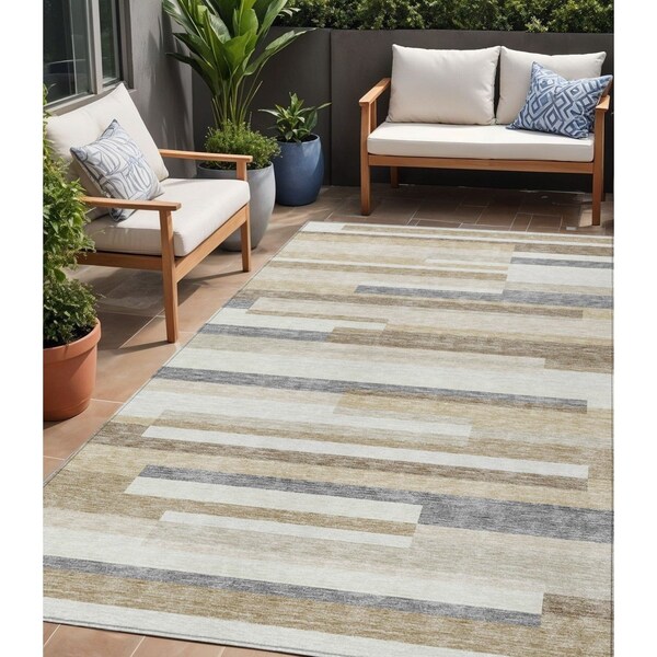 Homeroots 5' X 8' Ivory Beige And Taupe Striped Washable Indoor Outdoor Area Rug 613285 - main