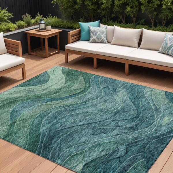 Homeroots 8' X 10' Teal Blue And Green Abstract Washable Indoor Outdoor Area Rug 618181 - main