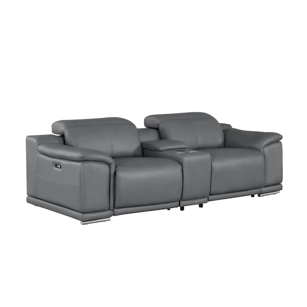 Homeroots 93in Battleship Gray and Silver Leather Power Reclining Loveseat 643825 - main
