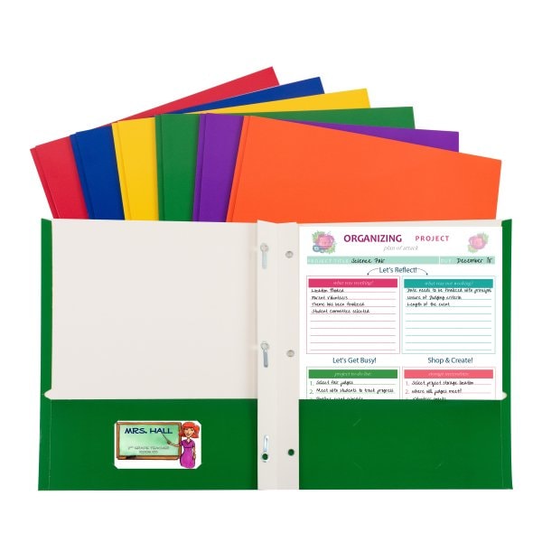 C-Line Products 2-Pocket Laminated Paper Folder with Prongs, Assorted Primary Colors 06420 - main