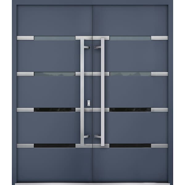 Vdomdoors Steel Double Doors Deux 1105 Gray Graphite Stainless Inserts Single Modern Painted DEUX1105DEXD-GRE-RH-W72 x H80 - main