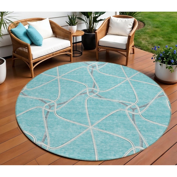 Homeroots 8' Teal Blue And Ivory Round Geometric Washable Indoor Outdoor Area Rug 612907 - main