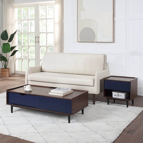 Manhattan Comfort Duane Modern Ribbed Nightstand and Coffee Table in Dark Brown and Navy Blue 2-NC-12GLF-NB - main