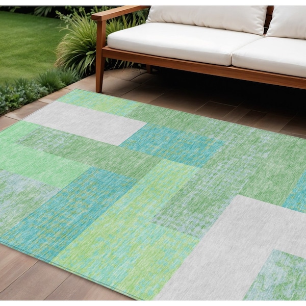 Homeroots 10' X 14' Sage Mint Green Teal Blue And Ivory Geometric Washable Indoor Outdoor Area Rug 612387 - main