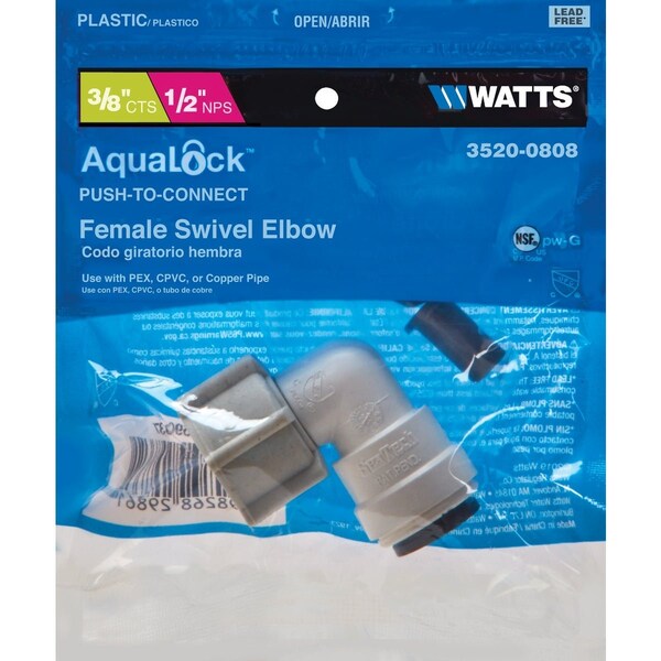 Watts 3/8'' CTS x 1/2'' FPT 90 Deg. Quick Connect Plastic Elbow, 1/4 Bend 3520-0808 - main