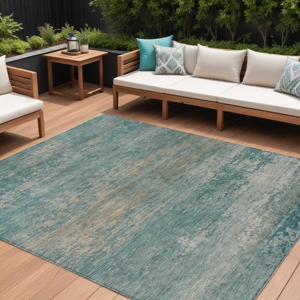 Homeroots 8' X 10' Aqua And Beige Abstract Washable Indoor Outdoor Area Rug 630822 - main