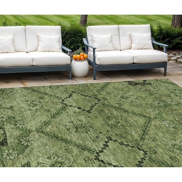 Homeroots 8' X 10' Olive Green Fern Green And Artichoke Green Floral Washable Indoor Outdoor Area Rug 588903 - main