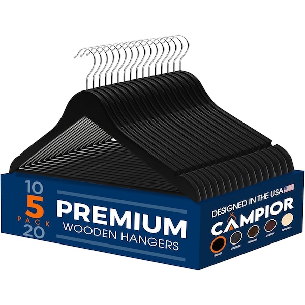 Campior Black Wooden Hangers, Heavy-Duty with 360 Deg Swivel Hook, Non-Slip, Pants Bar, 5PK CMPWH5BK - main
