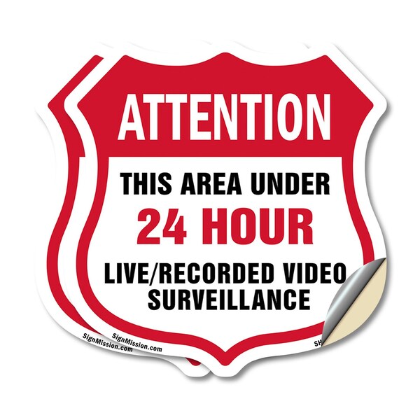 Signmission 24 Hour Surveillance Shield Sign Attenti, 12 inch X 12 inch, Vinyl Decal, 2PK SHI-D-2PACK-12-351 - main