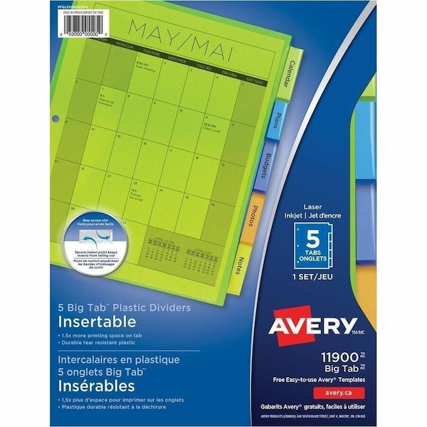 Avery Dennison Avery Big Tab Plastic Insertable Divider, Print-on, 5 Tabs, Multicolor/Multicolor 11900 - main