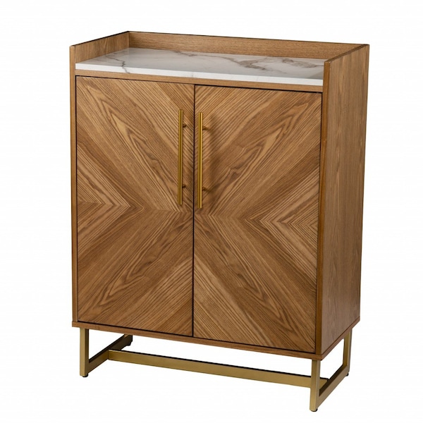 Homeroots Retro Gold Natural and Faux Marble Wine Cabinet 401689 - main