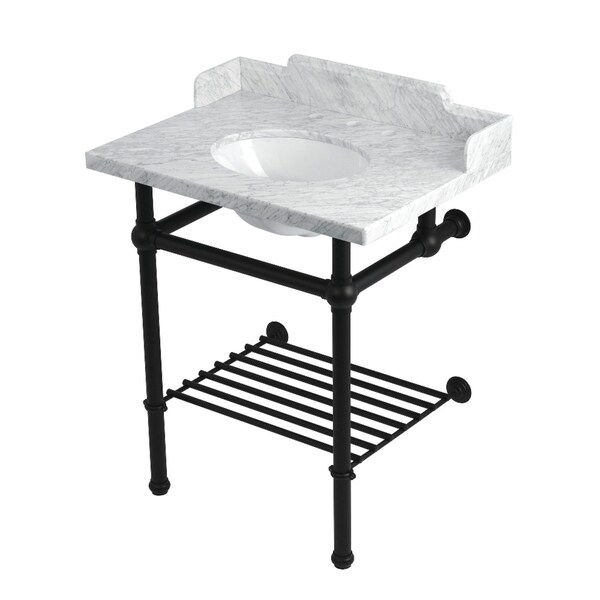 Kingston Brass 30-Inch Carrara Marble Console Sink with Brass Legs and Shelf, 8-Inch, 3-Hole LMS30MBB0 - main