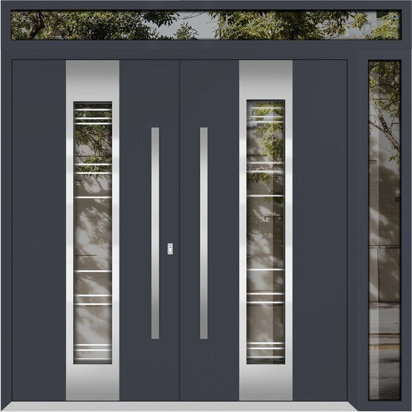 Vdomdoors Metal Double Doors Deux 5755 Gray Graphite Clear Glass 1 Sidelight and Top Transom Entry Modern Pai DEUX5755DEXD-GRE-W72+12xH96+12-LH-O - main