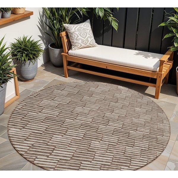 Homeroots 8' Brown And Beige Round Geometric Washable Indoor Outdoor Area Rug 594985 - main