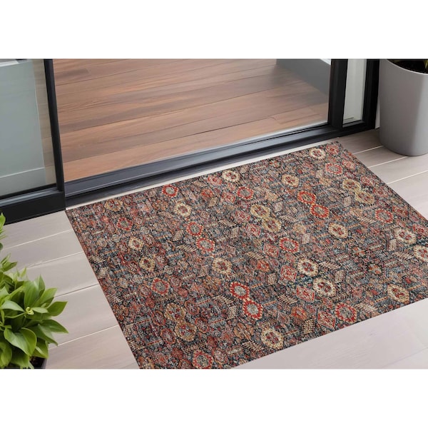 Homeroots 2' X 3' Red and Dark Blue Floral Washable Non Skid Indoor Outdoor Area Rug 564365 - main