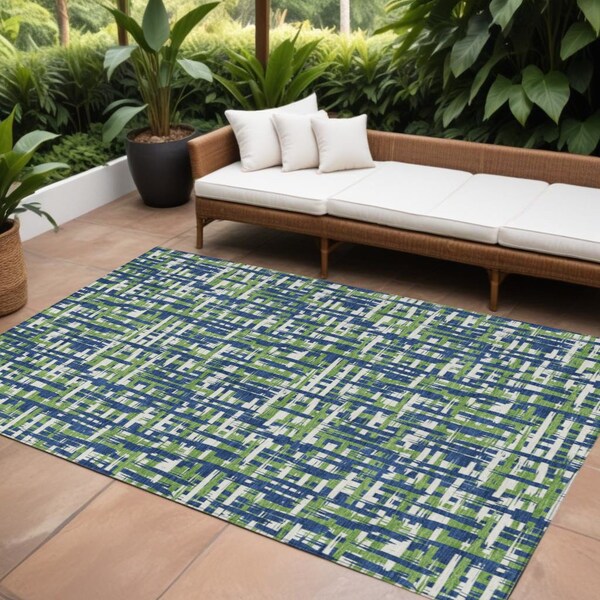 Homeroots 10' X 14' Navy Blue Green And Ivory Abstract Washable Indoor Outdoor Area Rug 602580 - main