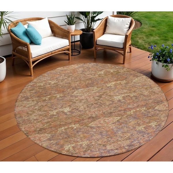 Homeroots 8' Brown And Tan Round Damask Washable Indoor Outdoor Area Rug 603373 - main