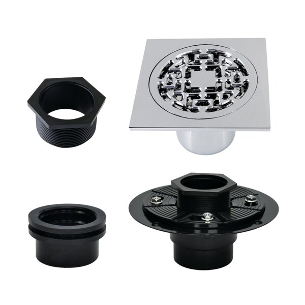Kingston Brass 4" Brass Square Grid Shower Drain with Hair Strainer and Base Flange, Polished Chrome BSFK4272C - main