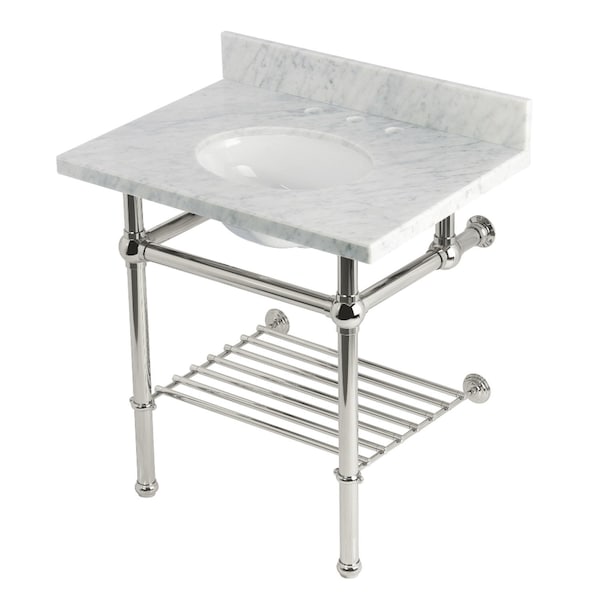 Kingston Brass 30-Inch Carrara Marble Console Sink with Brass Legs and Shelf, 8-Inch, 3-Hole KVPB3030MBB6 - main