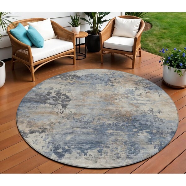 Homeroots 8' Denim Blue Beige And Charcoal Round Abstract Washable Indoor Outdoor Area Rug 630875 - main