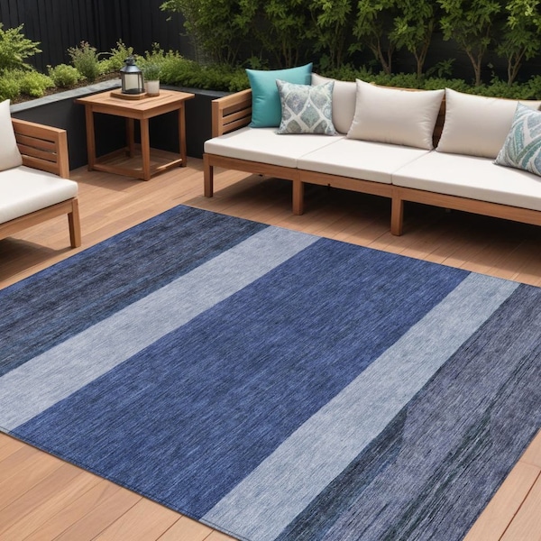 Homeroots 10' X 14' Navy Blue Sky Blue And Charcoal Abstract Washable Indoor Outdoor Area Rug 615283 - main