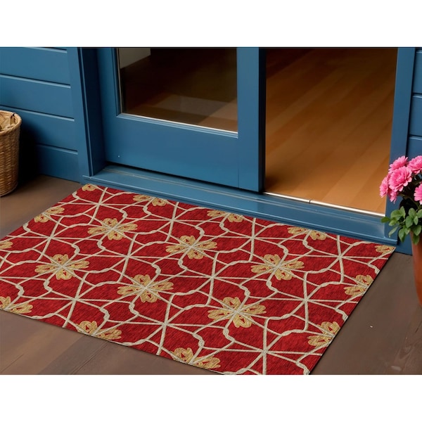 Homeroots 3' X 5' Orange And Gold Geometric Washable Indoor Outdoor Area Rug 613446 - main