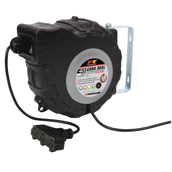 Performance Tool 40' 12GA Retractable Cord Reel, 15 AMP, 3 Outlets, Wall Mount W2278 - main