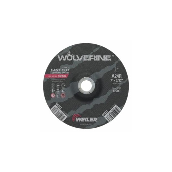 Weiler Wolverine Cutting Wheel, A24R, 7 in dia, 3/32 in Thick, 7/8 in AH, 24 Grit, Type 27, 25PK 804-56383 - main