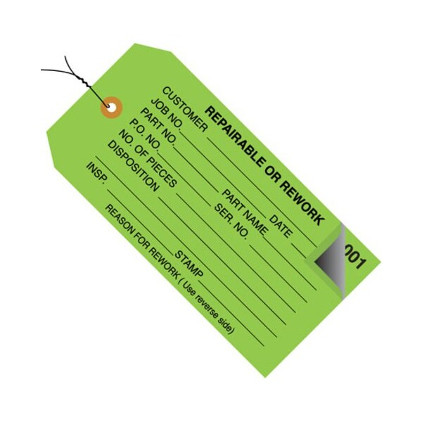 Box Packaging 2 Part Inspection Tag "Repairable Or Rework", Pre WiredNo 5, 4-3/4"L x 2-3/8"W, Green, 500/Pack G21033 - main