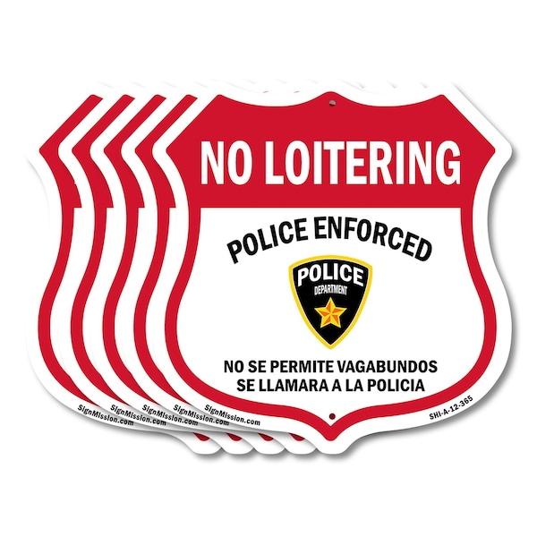 Signmission Bilingual No Loitering Shield Sign Polic, 12 inch X 12 inch, Aluminum Metal Sign, 5PK SHI-A-5Pack-12-365 - main