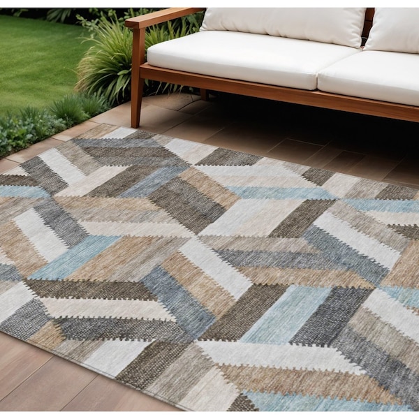 Homeroots 9' X 12' Brown Geometric Washable Indoor Outdoor Area Rug 608044 - main