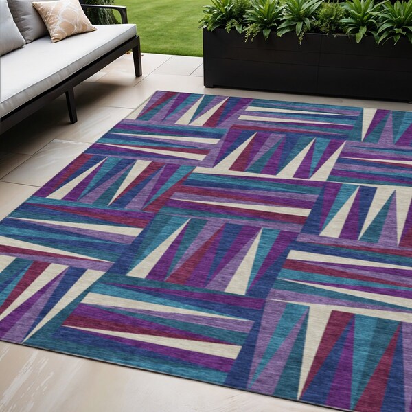 Homeroots 5' X 8' Purple Ivory And Teal Blue Geometric Washable Indoor Outdoor Area Rug 598293 - main