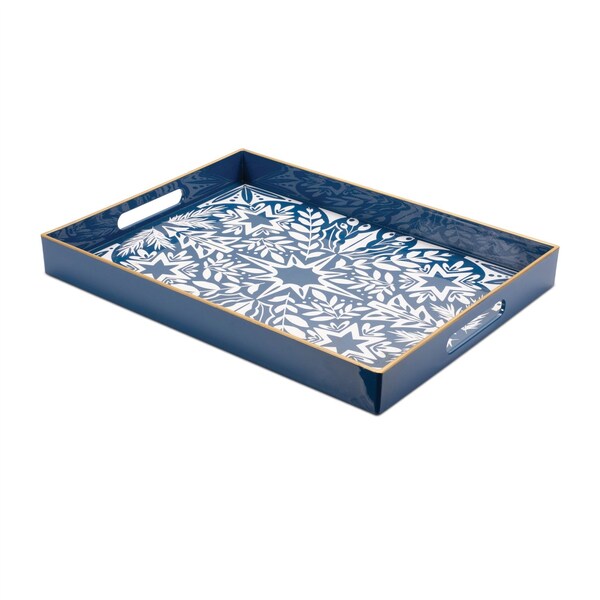 Homeroots 16" Blue And White Geometric Star And Trees Serving Tray With Handles 634487 - main