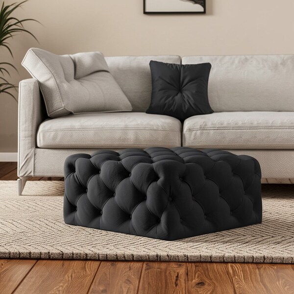 Homeroots 33" Black Velvet Rolling Tufted Cocktail Ottoman 568052 - main