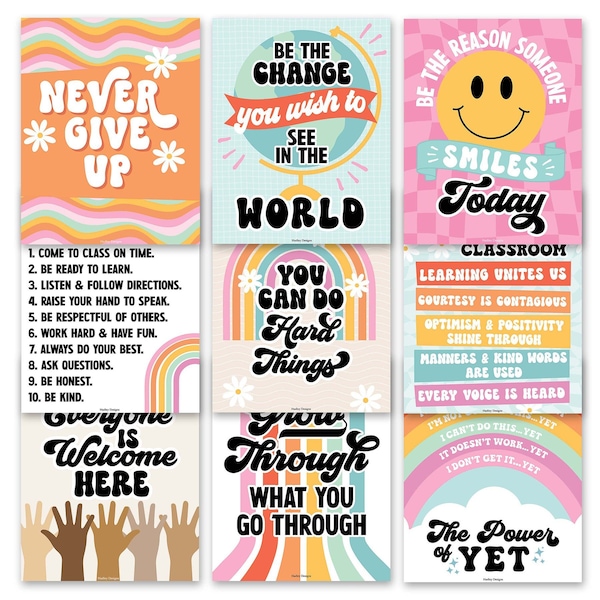 Hadley Designs Retro Growth Mindset Classroom Decor Posters, 9-Piece Set X004ACAK3H - main