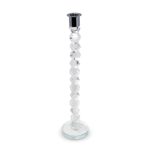 Homeroots 14" Clear And Silver Geo Stacks Crystal Tabletop Taper Candlestick 590225 - main