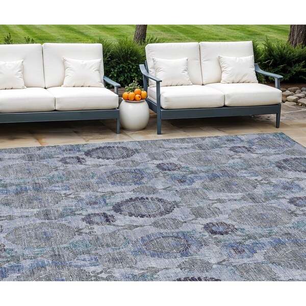 Homeroots 8' X 10' Navy Blue And Sky Blue Damask Washable Indoor Outdoor Area Rug 588145 - main