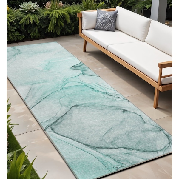 Homeroots 2' X 8' Teal and Gray Abstract Washable Non Skid Indoor Outdoor Runner Rug 559416 - main