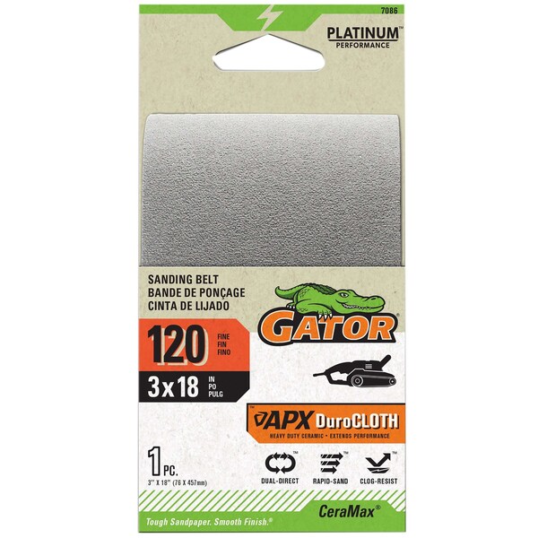 Gator Finishing CeraMax Platinum 3 x 18 in. Sanding Belt, 120 Grit, Fine 7086 - main