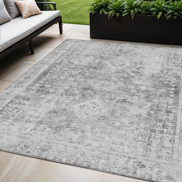 Homeroots 5' X 8' Charcoal Oriental Washable Indoor Outdoor Area Rug 607591 - main