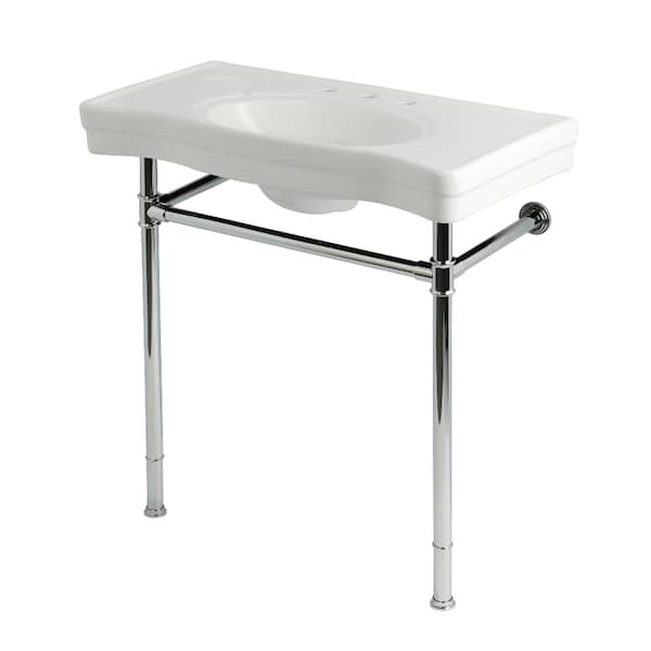Kingston Brass 36" Ceramic Console Sink with Stainless Steel Legs, 8-Inch, 3-Hole, White/Polished Chrome KVPB36198W81 - main
