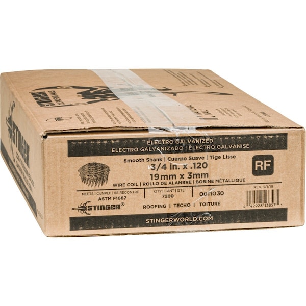 Stinger 3/4'' x 0.120'' 15 Degree Wire Weld Electro Galvanized Coil Roofing Nail, 7200 Ct. 611030 - main