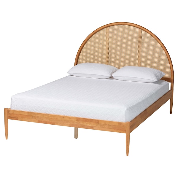 Baxton Studio Wrenley Japandi Oak Brown Wood Queen Bed with Antique Rattan 257-14097-ZORO - main