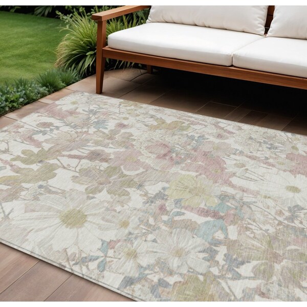 Homeroots 9' X 12' Ivory Beige And Linen Floral Washable Indoor Outdoor Area Rug 611196 - main